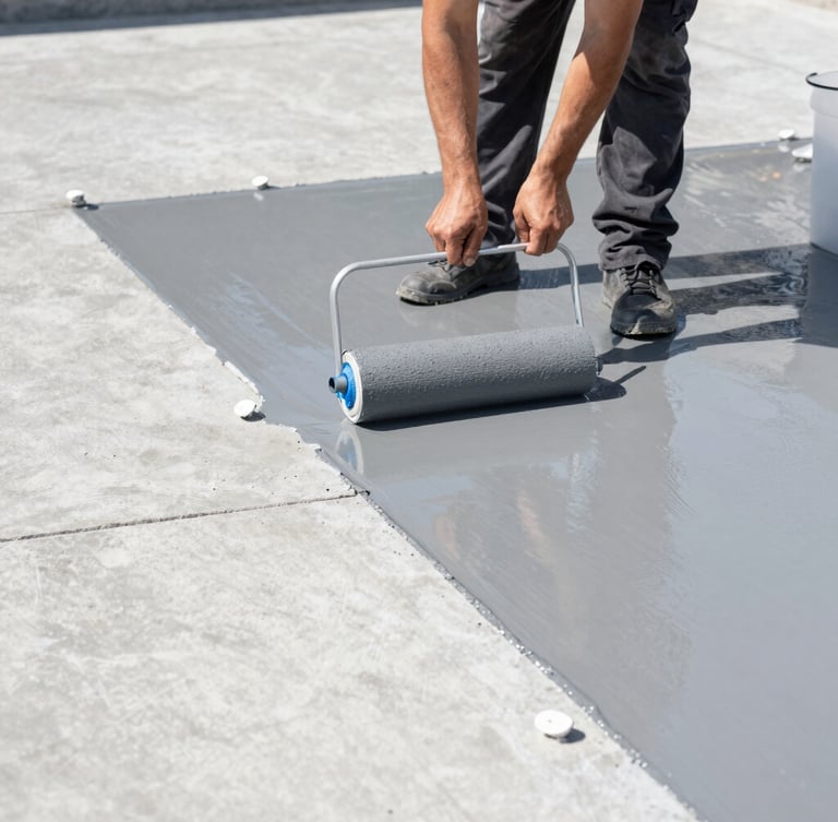 A professional technician rolling wet gray epoxy coating onto a clean concrete floor, crisp edges, bright white construction work lights, high-contrast details