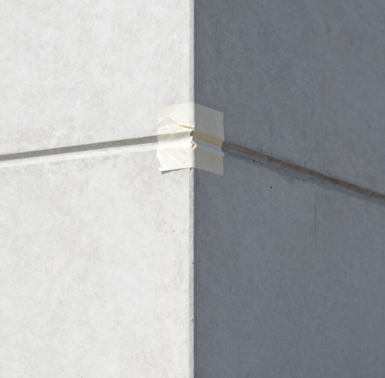 Sharp architectural photography of a perfectly taped paint edge on a clean concrete wall, bright daylight, high contrast, crisp details, 35mm lens.