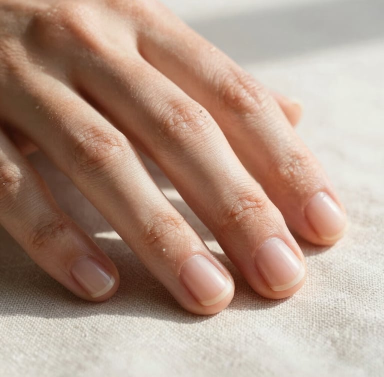 Macro shot of a hand with clean, healthy natural nails resting on soft linen under diffused morning daylight