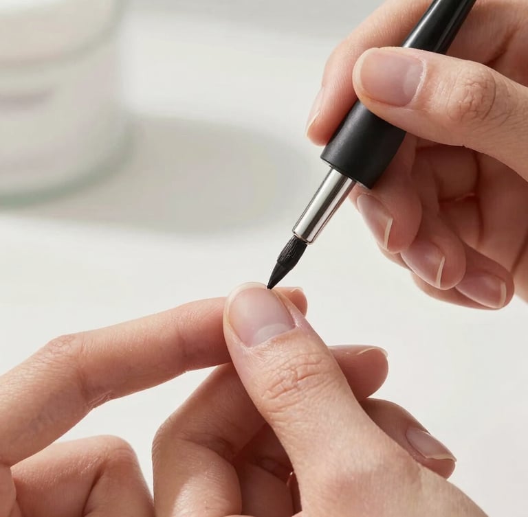 Macro photograph of a manicurist's hand holding a fine-line brush, painting a delicate line on a clean, natural nail, soft natural daylight, minimalist aesthetic.