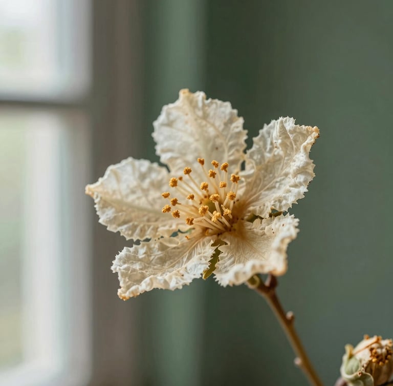 Macro shot of beautifully cured botanical flower showcasing golden trichomes against a muted forest green background, soft natural window light, shallow depth of field, 35mm
