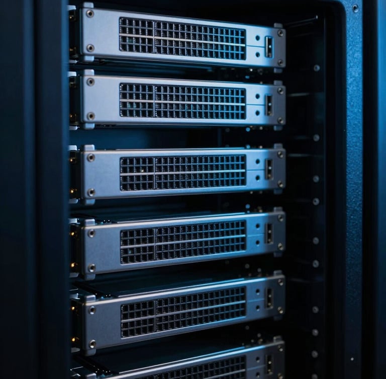 Moody technical photography of forensic server hardware, cool blue key light, high-contrast dark background, sharp macro lens