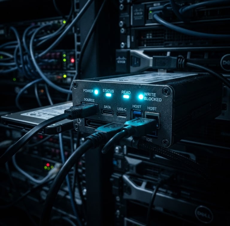 Macro close-up of a forensic hardware write-blocker in a dark server room, sharp neon-cyan indicators glowing, cool blue low-key lighting, high contrast