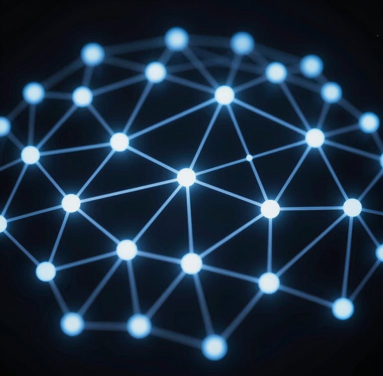 Abstract digital network visualization showing clean structured nodes, cool blue key lights on a dark background, high contrast, macro lens