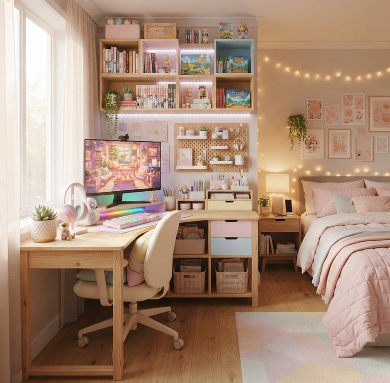 Styled teen bedroom with a pastel wood gaming desk, diffuse morning light, showing smart storage solutions and a cozy aesthetic. Furniture in soft pastel tones and natural timber.