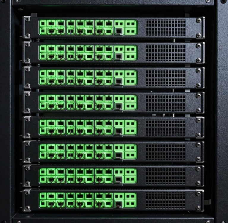 Direct orthographic schematic of server hardware rack, stark vector line work, phosphor green terminal glow on dark background.