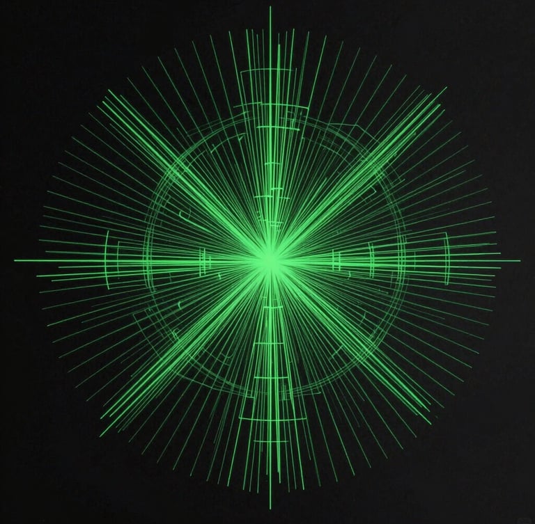 Orthographic projection of a cryptographic verification trace, stark green vector lines on black background, terminal interface style