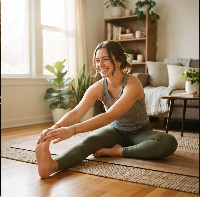 Candid medium shot of a smiling woman in comfortable cotton activewear stretching on her living room floor, soft morning sunlight streaming through a window, warm organic tones, 35mm film look