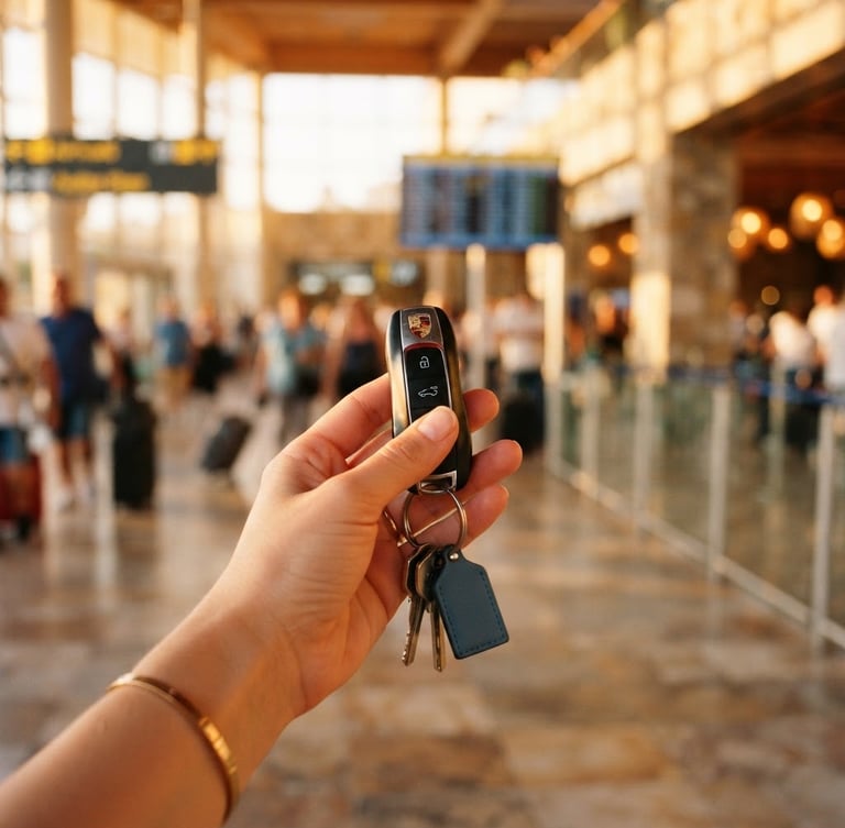 Close-up of hand holding modern car keys with a warm, sun-drenched Mediterranean airport terminal softly blurred in the background, golden hour light, 35mm photography