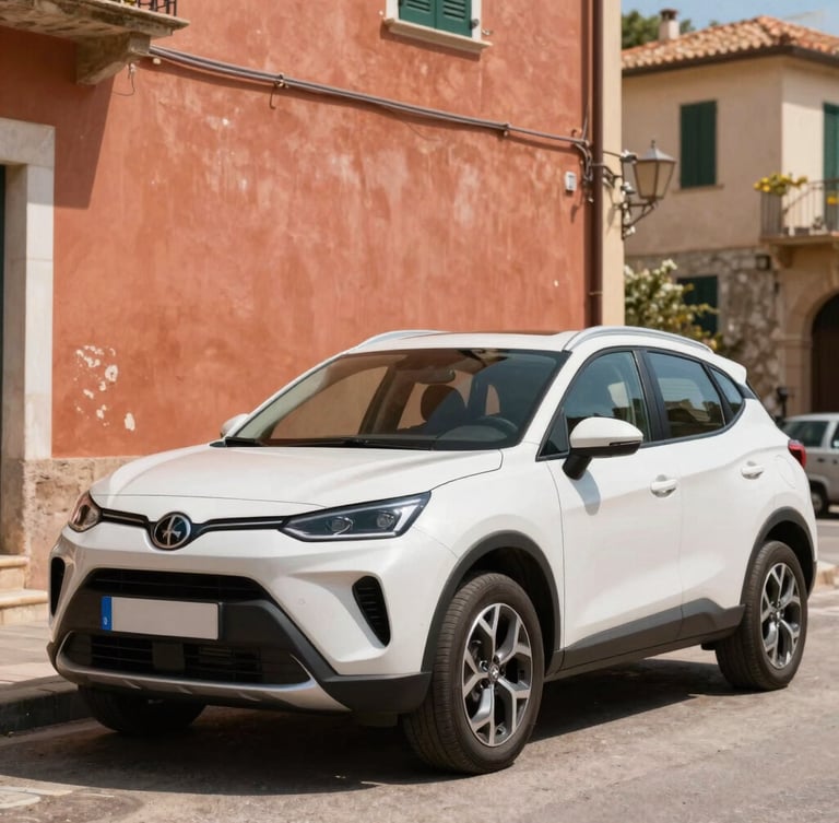 Modern compact SUV parked next to a warm terracotta wall in a sun-drenched Italian coastal village, bright Mediterranean sunlight, 35mm.