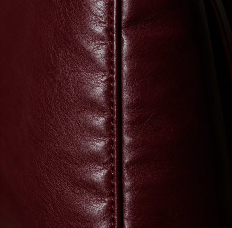 Extreme close-up of immaculate stitching on deep burgundy polished leather, side light highlighting the rich texture and grain, dramatic editorial style