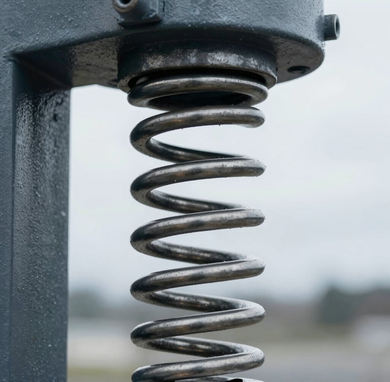 Extreme close-up of a heavy-duty industrial garage door spring under tension, crisp metallic texture, cool overcast daylight