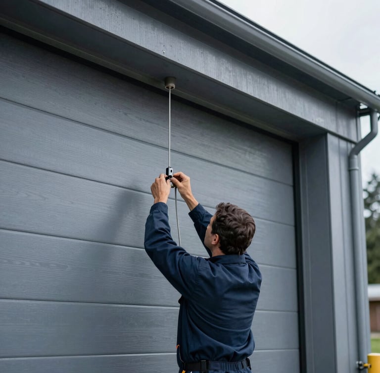 A technician adjusting tension cables on a modern steel garage door, overcast daylight, cool slate and steel tones, shallow depth of field