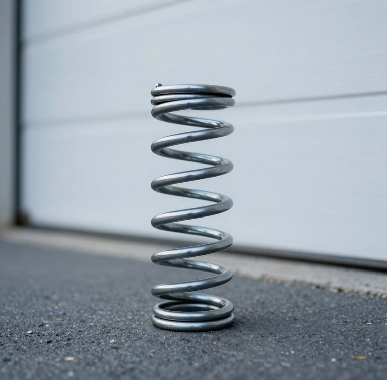 Close-up on heavy-duty steel garage door springs under natural overcast daylight, cool slate and steel tones, shallow depth of field