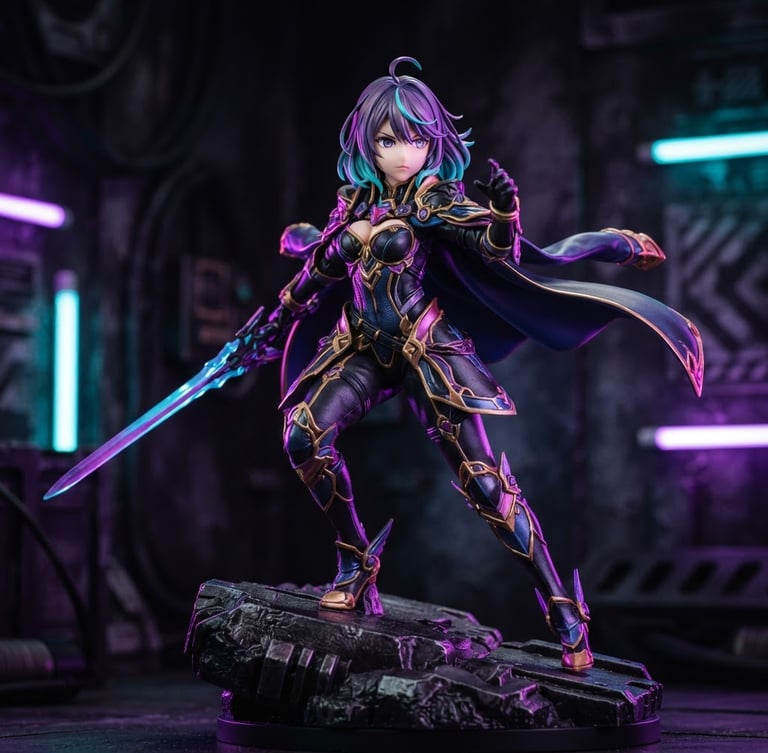 Close-up premium anime figure with sharp focus, dramatic neon purple and cyan studio lighting, dark textured background, 85mm lens