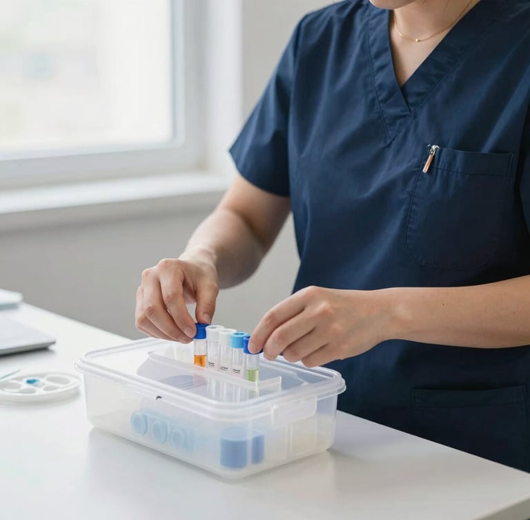 A certified phlebotomist in professional navy scrubs carefully organizing a sterile specimen collection kit on a clean surface, bright natural indoor light, shallow depth of field.