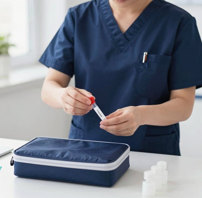 A certified phlebotomist in clean navy scrubs organizing sterile specimen collection tubes and a medical kit on a bright, clean table, natural indoor light, shallow depth of field.