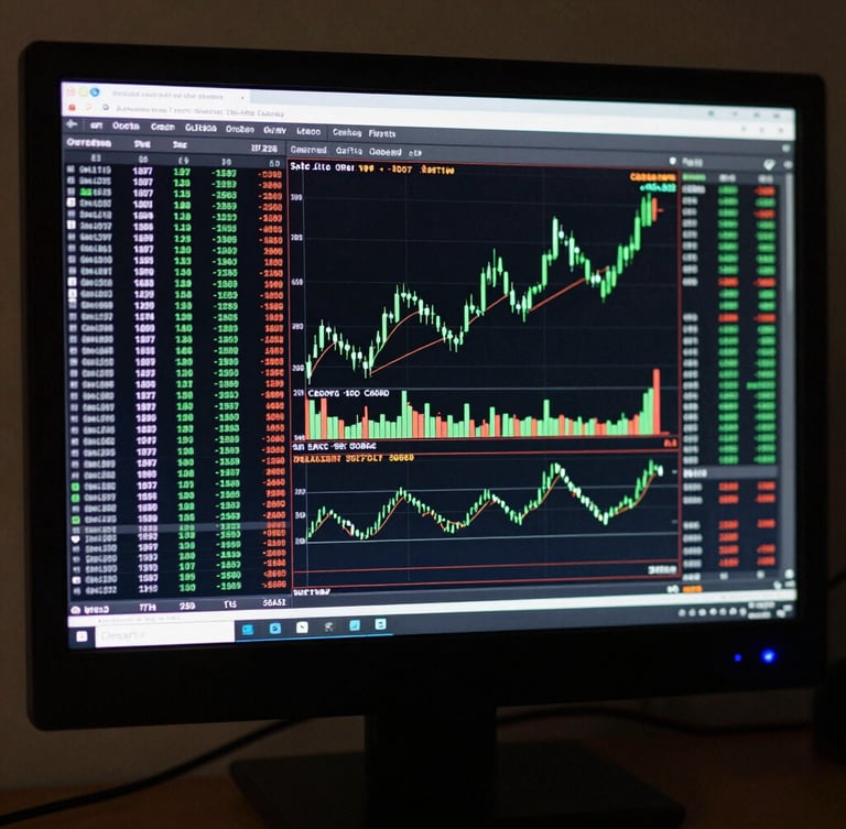 Orthographic front-facing view of a dark terminal screen displaying real-time cryptographic order book data tables and crisp green candlestick charts.