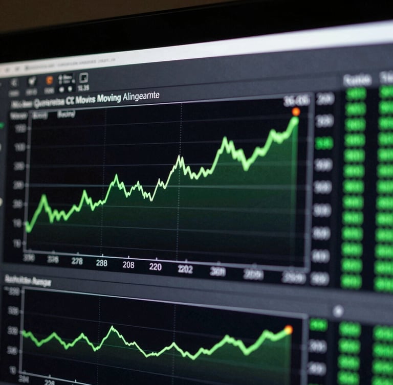 Macro crop of a dark terminal screen showing an auditable data table of quantitative moving averages, with simulated screen emission and surgical green accents.