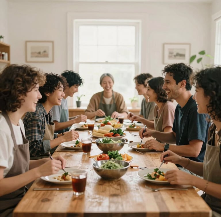 A warm community workshop setting with a diverse group of people laughing and cooking together around a large wooden table, soft daylight.