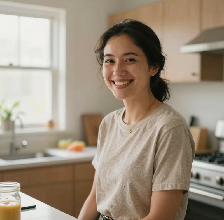 Warm editorial photography of a community nutrition educator smiling in a bright kitchen, soft natural window light, earthy tones, shallow depth of field, 35mm film.