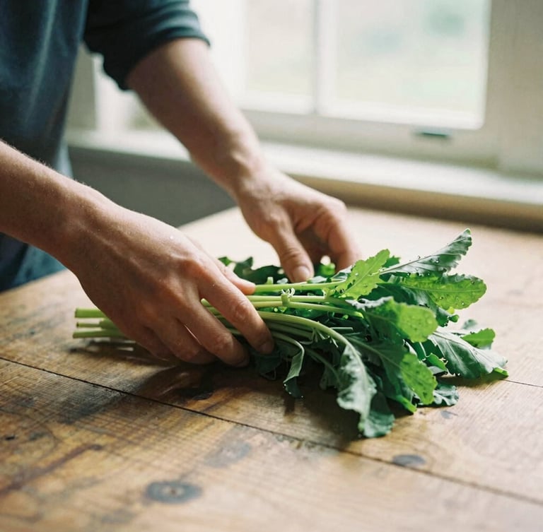 Hands preparing fresh, affordable vegetables on a rustic wooden table, natural window light, warm earthy tones, 35mm film.