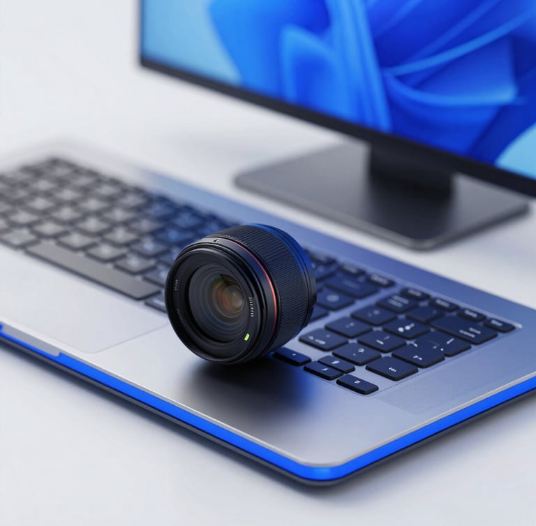 Sharp macro detail of a high-end modern workstation with a clean digital dashboard, cool high-key studio lighting, electric blue accents, 50mm lens