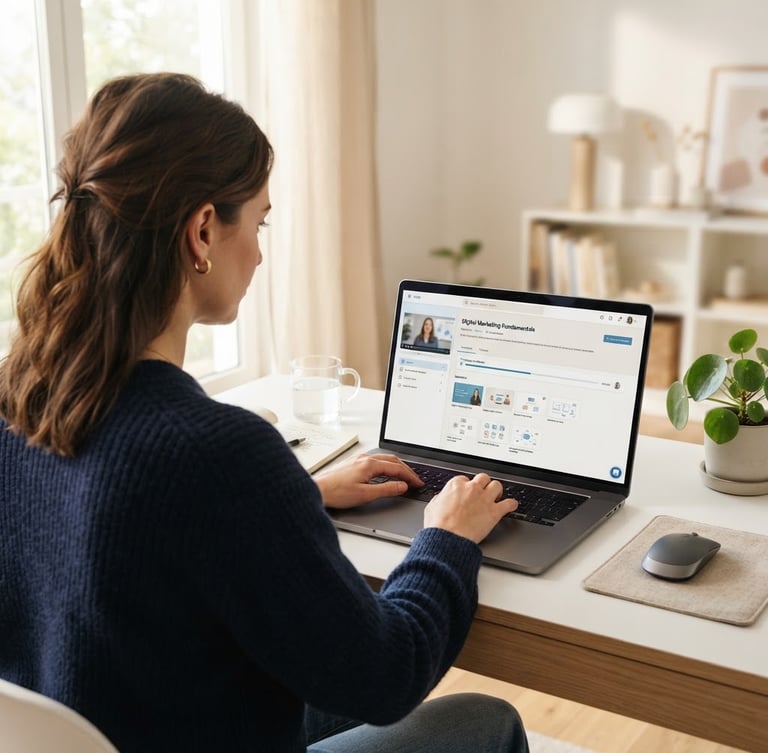 Professional adult focused on an online course on a laptop in a bright, modern home office, natural daylight, over-the-shoulder perspective, clean educational dashboard on screen, soft blue and neutral tones, shallow depth of field.