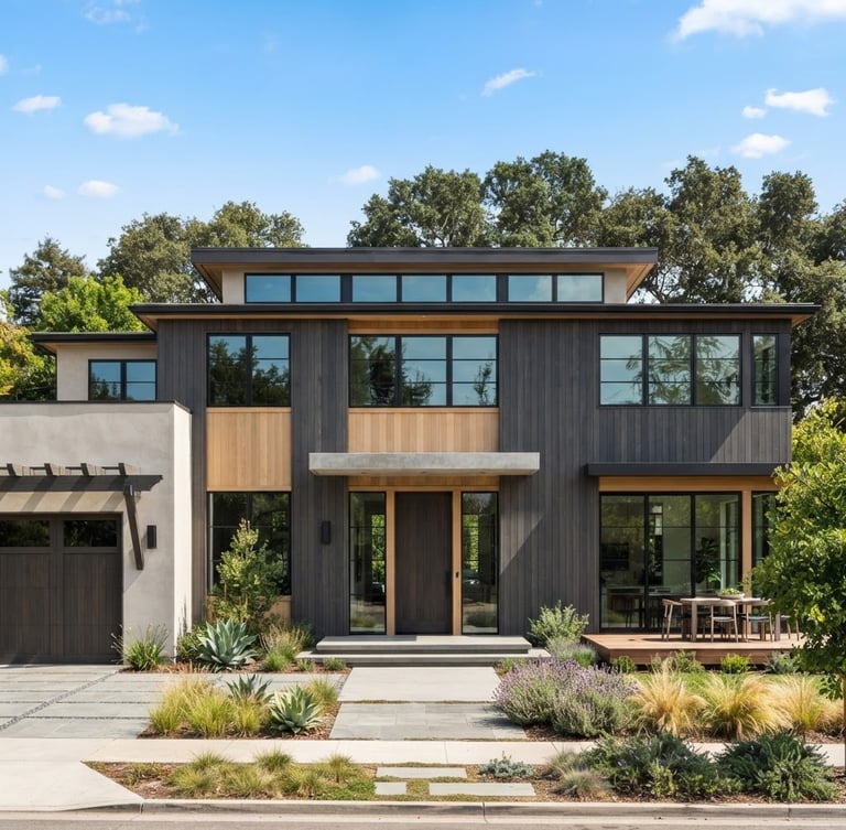 Straight-on architectural elevation of a modern custom home framing under bright natural daylight, clean geometric composition, rich saturated tones.
