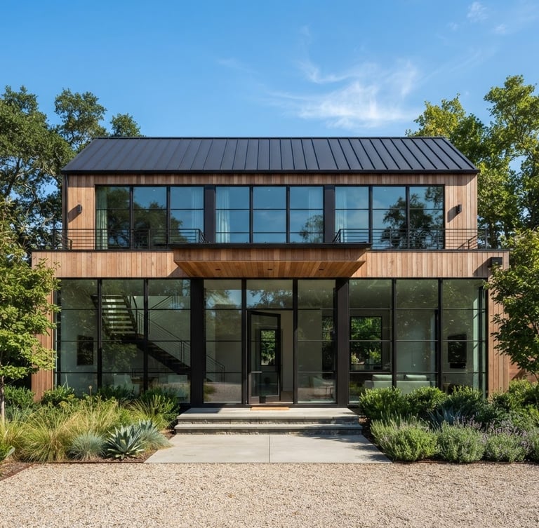 Crisp architectural photography of a modern home exterior, straight-on elevation, showcasing dark metal roofing and large minimalist window frames under bright daylight.