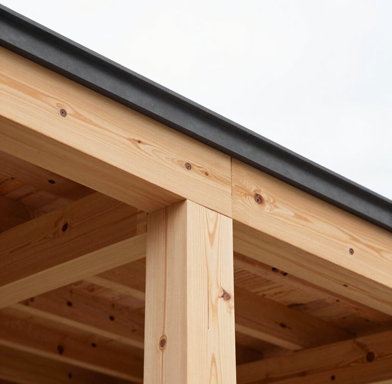 Close-up of a precise carpentry joint connecting a new structural timber beam to an existing roofline under bright overcast daylight.