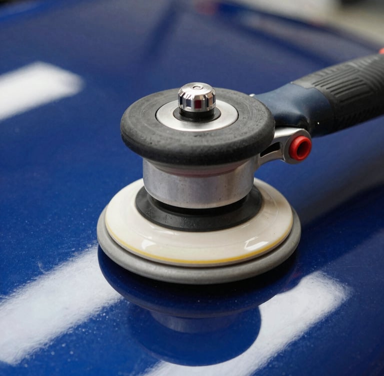 Extreme macro shot of a dual-action rotary polisher on pristine dark blue paint, bright overhead studio lights reflecting a sharp line, 50mm automotive photography