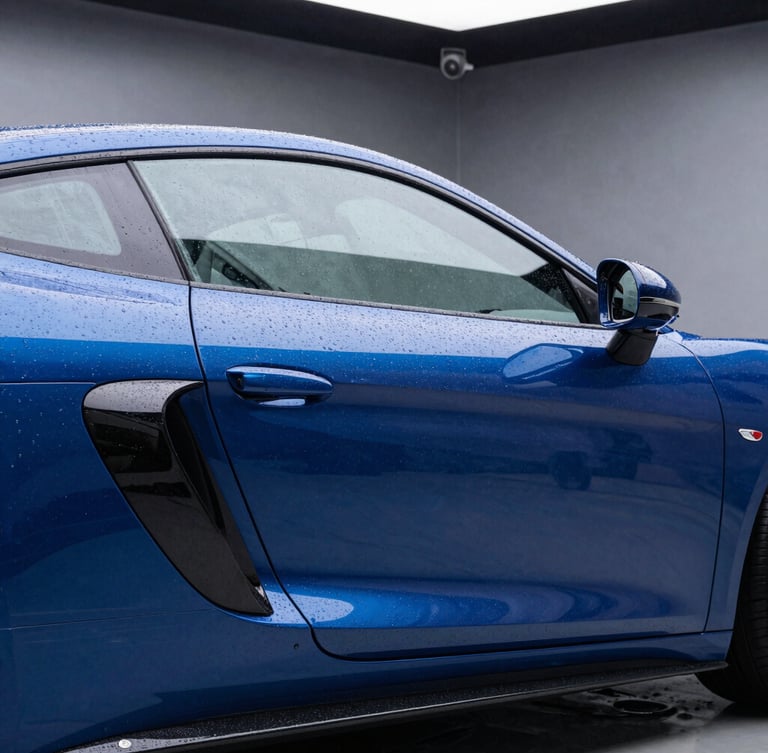 Side profile of a luxury sports car with high-contrast studio reflections, showing water beading on the hydrophobic ceramic coating