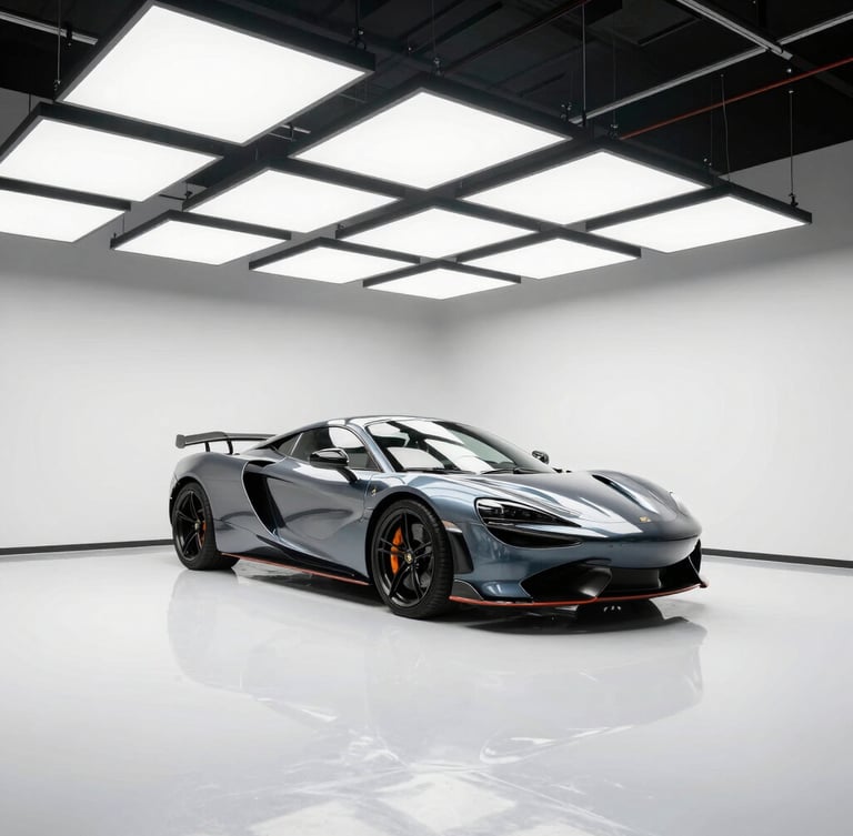Clean, bright, modern car detailing garage setup in Midvale Utah, high-contrast overhead LED lighting grid, immaculate white floors, a high-end sports car parked inside, 50mm