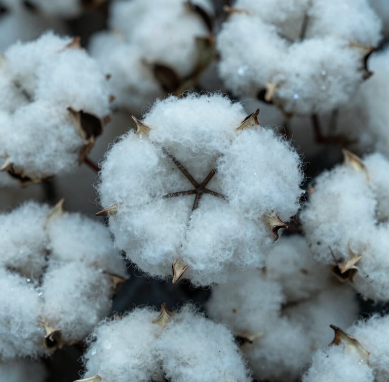 Extreme macro photograph of raw cotton fibers, sharp focus, natural overcast daylight, desaturated steel blue tones, 35mm lens.