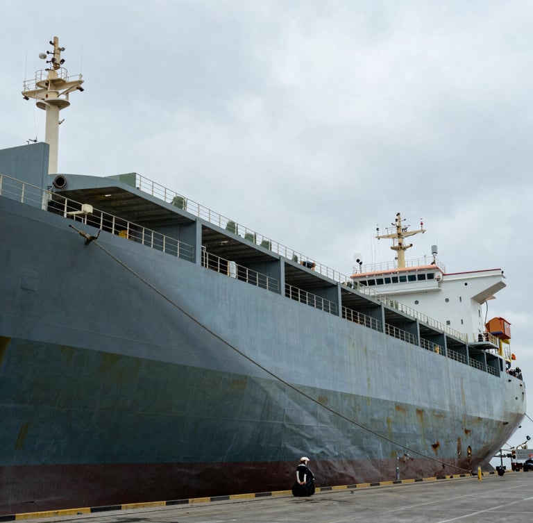 Wide industrial crop of a massive steel shipping vessel docked at an Indian port, natural overcast daylight, desaturated steel blue tones, sharp technical focus.