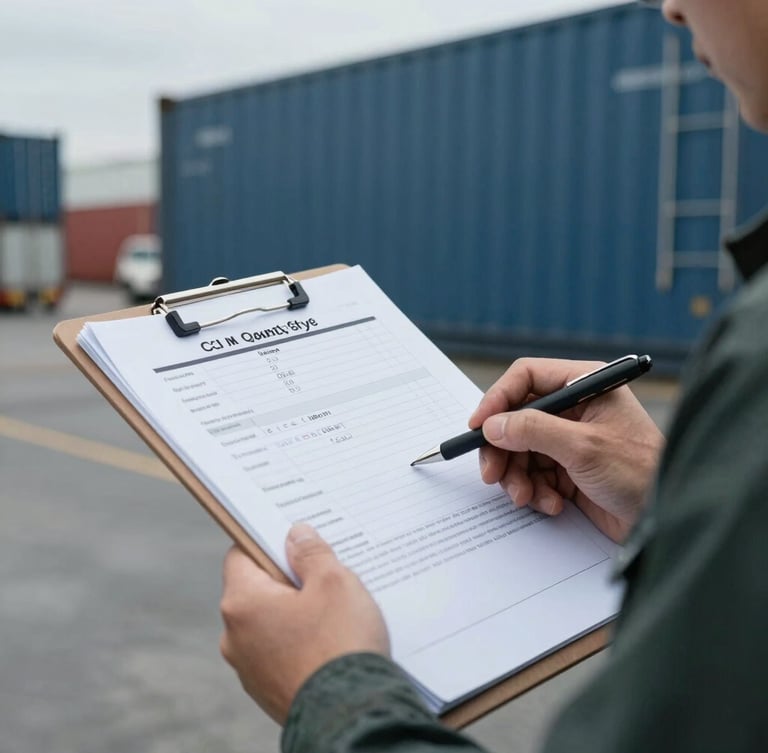 Close-up of a technical quality-control document on a clipboard held by an inspector at a shipping terminal, desaturated steel blue tones, sharp focus.