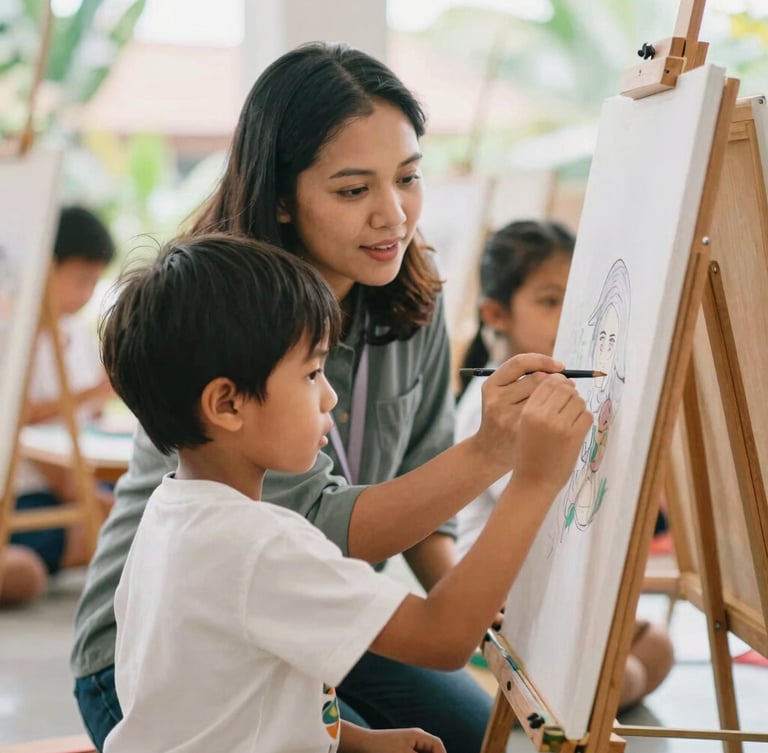Warm candid photography of an Indonesian teacher at eye-level guiding a young child painting on an easel, bright natural daylight, soft focus, 35mm