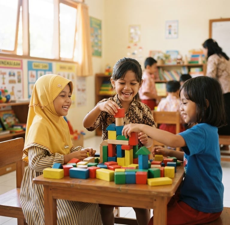Bright natural daylight photography of Indonesian children playing happily with colorful wooden building blocks in a clean, sunny classroom, soft focus background, 35mm