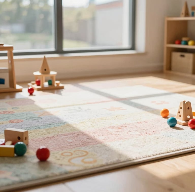 A wide environmental shot of a clean, brightly lit indoor play area with wooden toys, soft pastel rugs, and natural sunlight streaming through a large window, warm and welcoming atmosphere