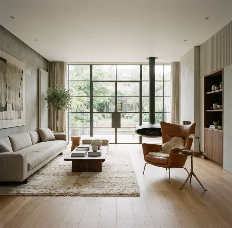 Wide architectural elevation of a luxurious, minimalist living room, soft natural daylight streaming through large windows, bespoke furniture details, muted neutral tones, elegant composition, off-center vignette of a hand-stitched leather armchair and aged brass side table to the right.
