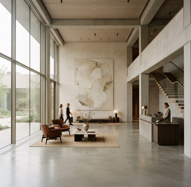 Wide architectural shot of a minimalist luxury hotel lobby, polished concrete floors, high ceilings, large abstract art, soft diffused natural light from tall windows, a few bespoke leather armchairs, elegant composition, warm neutral tones, architectural rigor.
