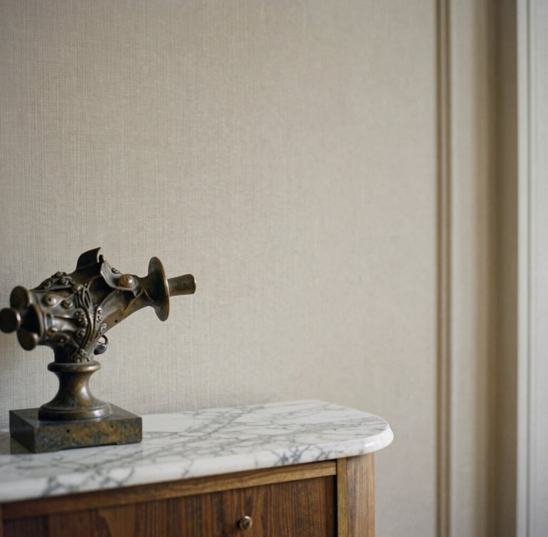 Close-up portrait of a meticulously detailed interior, showing a corner with a bespoke marble console, an antique bronze sculpture, and a textured linen wall covering, soft ambient light, elegant composition, medium format film.