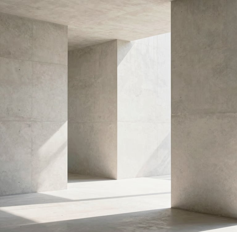 A vertical portrait of a modern, sunlit architectural interior, featuring clean concrete lines and soft shadows from high-key natural daylight, minimalist aesthetic.