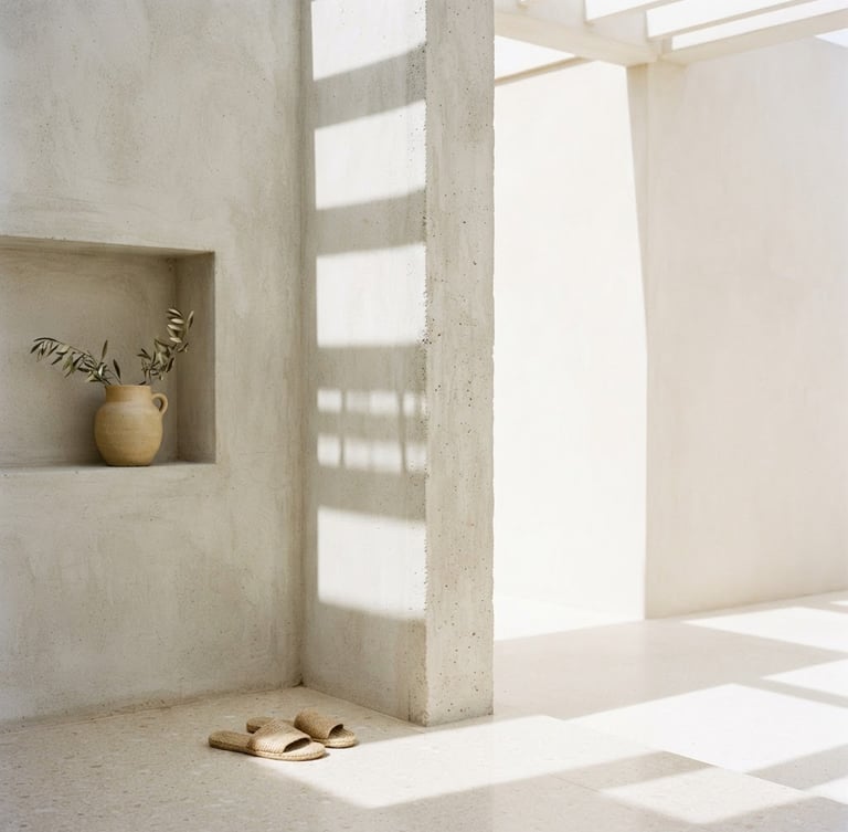 Bright minimalist architectural corner, sharp concrete lines casting geometric shadows under clean natural daylight, soft warm sand tones, 35mm lens
