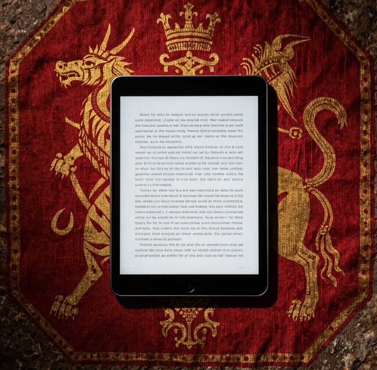 Top-down flatlay of a modern tablet displaying an e-book, resting on a rustic medieval stone surface with subtle red and gold heraldic linen textures, dramatic high-contrast side lighting, 35mm