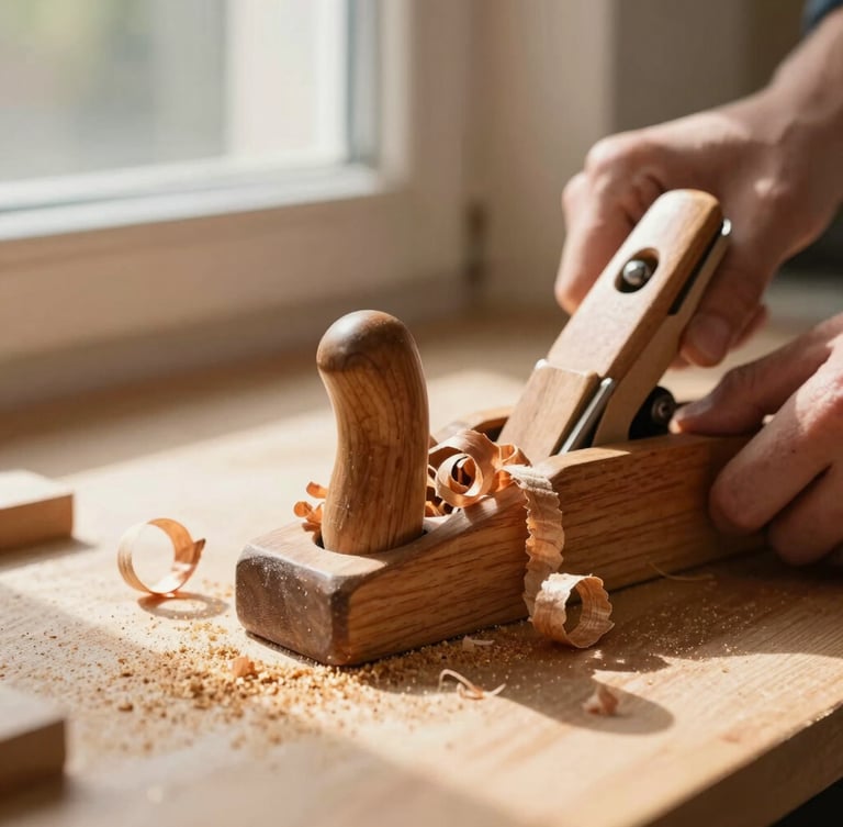 Tight macro shot of hands using a wooden hand plane, long curls of cherry wood shaving off under warm directional window light, sawdust-gold tones, shallow depth of field