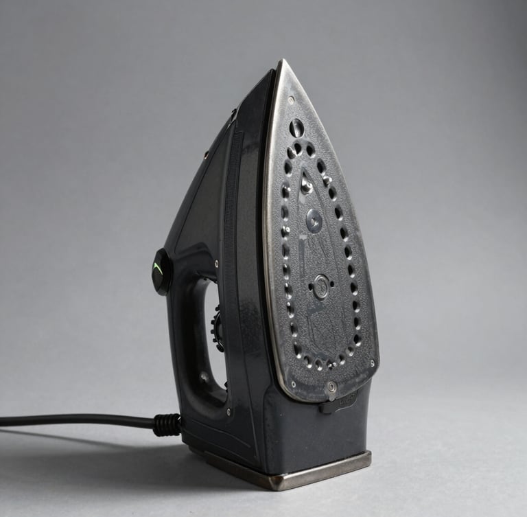 Straight-on orthographic studio shot of a heavy-duty steel dry iron with a textured black mechanical dial, hard directional light, sharp shadows, desaturated industrial tones, clean 50mm lens shot.