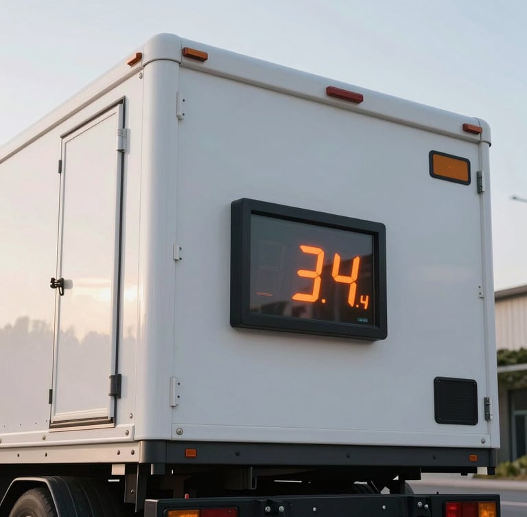 Low-angle detailed shot of a pristine white utility reefer unit mounted on a trailer, digital temperature display glowing bright orange at thirty-four degrees, crisp morning light.