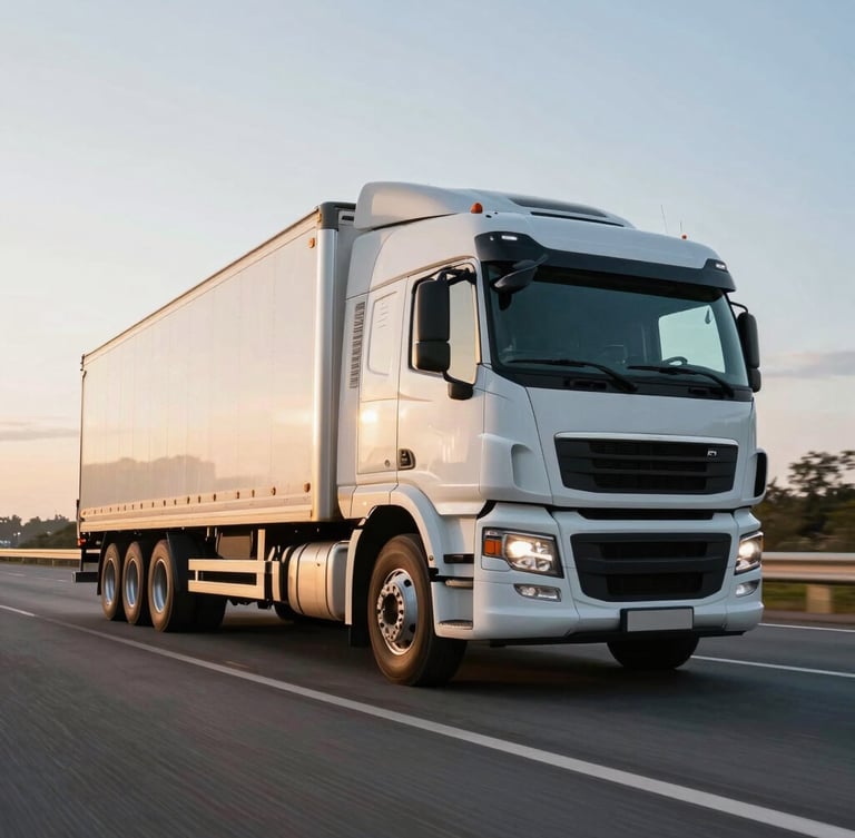 Wide low-angle environmental shot of a clean white semi-truck moving swiftly along a highway during the early morning golden hour, metallic surfaces catching the crisp light.